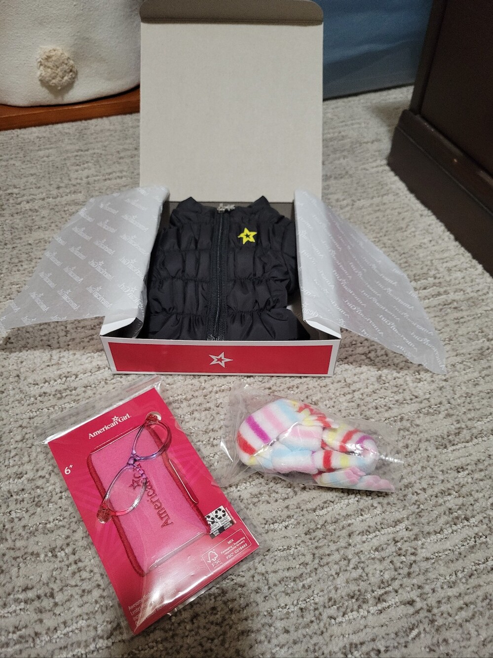 Americsn Girl Doll Puffer Coat, Ombre Glasses, Scarf - New